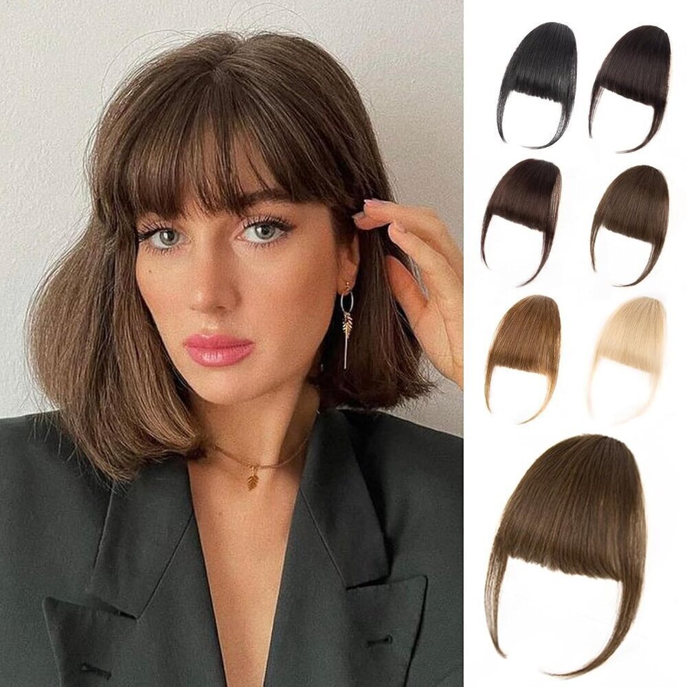 Clip in Bangs, 100% Real Human Hair Medium Brown Fake Bangs Hairpieces for Women